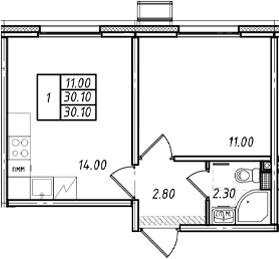 Планировка: 1-комнатная квартира 30,1 м² в ЖК «Ржевский парк»