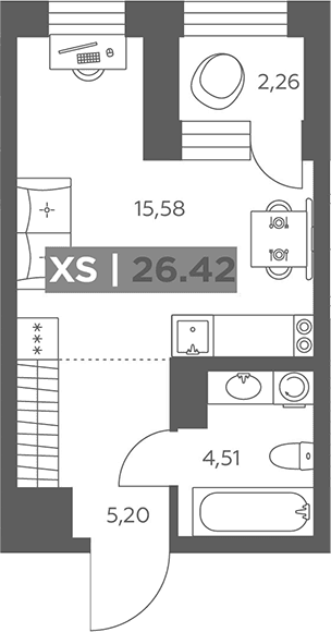 Планировка: Студия 25,3 м² в ЖК «Солар Парк»