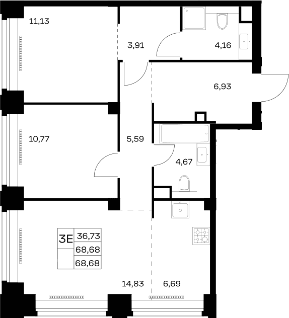 Планировка: Евротрёшка 68,7 м² в ЖК «НОВА»