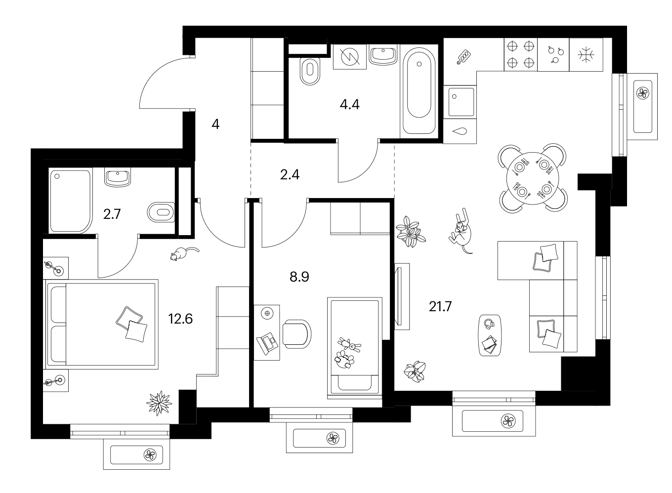 Планировка: 2-комнатная квартира 56,7 м² в ЖК «Ярославский»