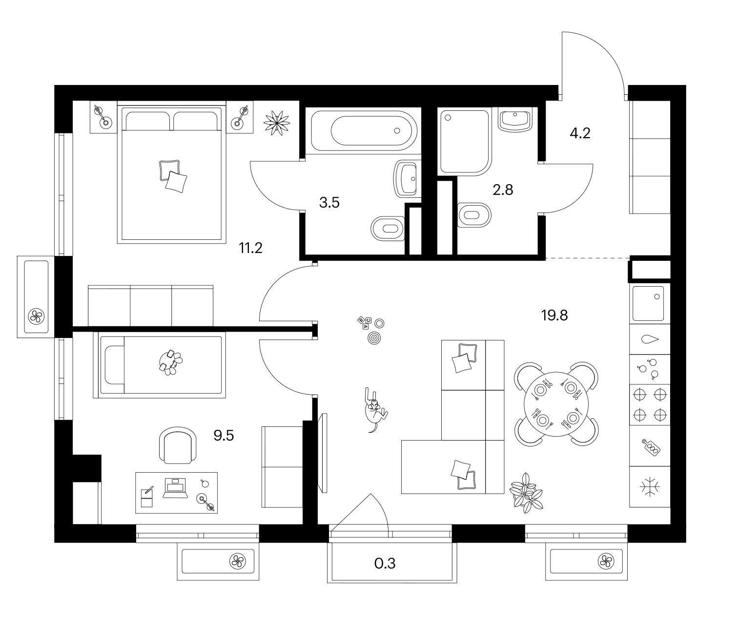 Планировка: 2-комнатная квартира 51 м² в ЖК «Ярославский»