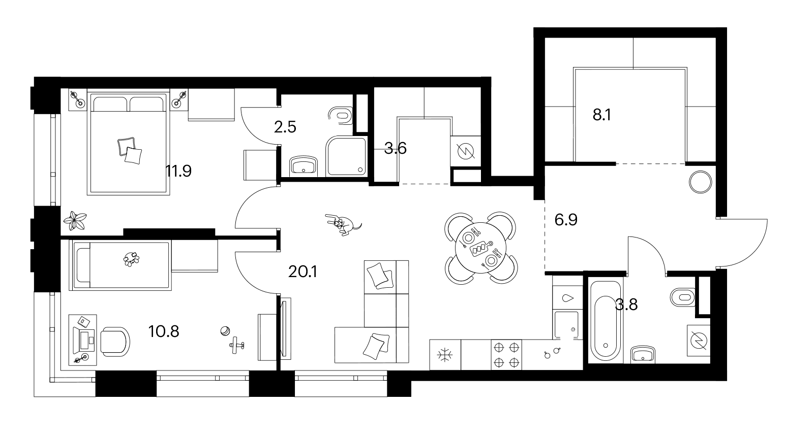 Планировка: 2-комнатная квартира 67,7 м² в ЖК «Москворечье»