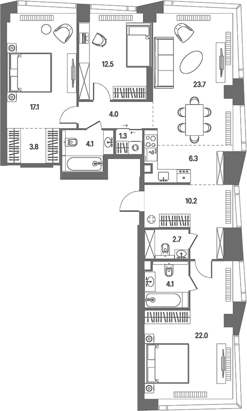 Планировка: Квартира евро-4 111,8 м² в ЖК «КОД Сокольники»