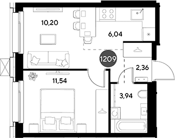 Планировка: Евродвушка 34,1 м² в ЖК «ЭВО»