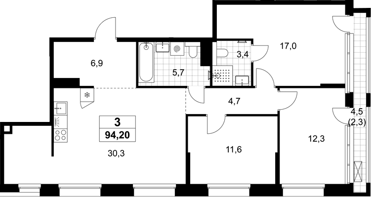 Планировка: Квартира евро-4 91,9 м² в ЖК «Хольм»