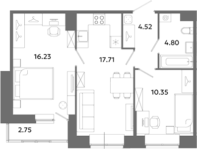 Планировка: Евротрёшка 53,6 м² в ЖК «Загляденье»