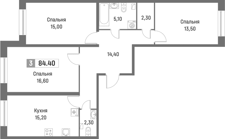 Планировка: Квартира евро-4 84,4 м² в ЖК «Фотограф»
