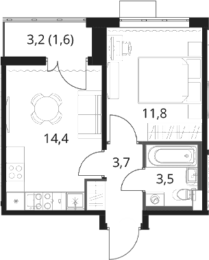 Планировка: 1-комнатная квартира 33,4 м² в ЖК «1-й Шереметьевский»