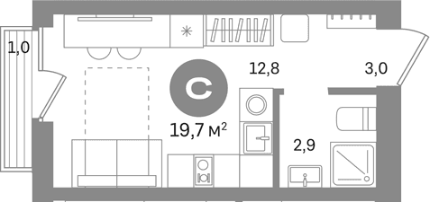 Планировка: Студия 18,7 м² в ЖК «Первый квартал. Вторая очередь»