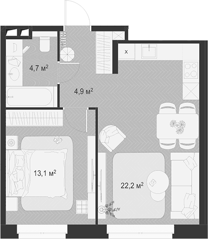 Планировка: Евродвушка 44,9 м² в ЖК «Гранд Комфорт 3»
