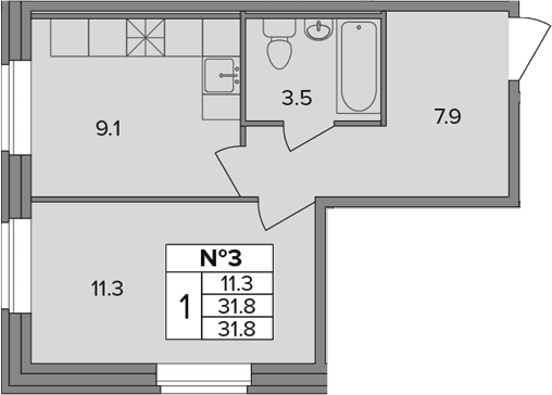 Планировка: 1-комнатная квартира 31,8 м² в ЖК «Капральский»