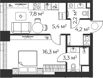 Планировка: Евродвушка 39,2 м² в ЖК «Веер»