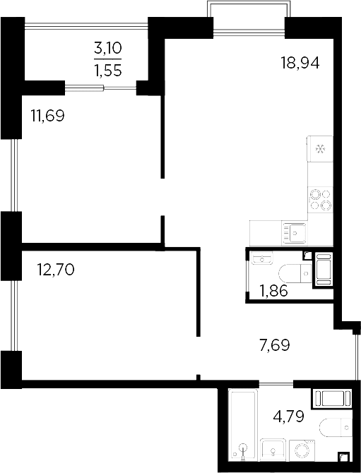 Планировка: Евротрёшка 57,7 м² в ЖК «Респект»