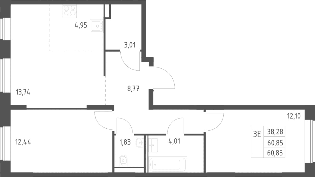 Планировка: Евротрёшка 60,9 м² в ЖК «Квартал Домашний»