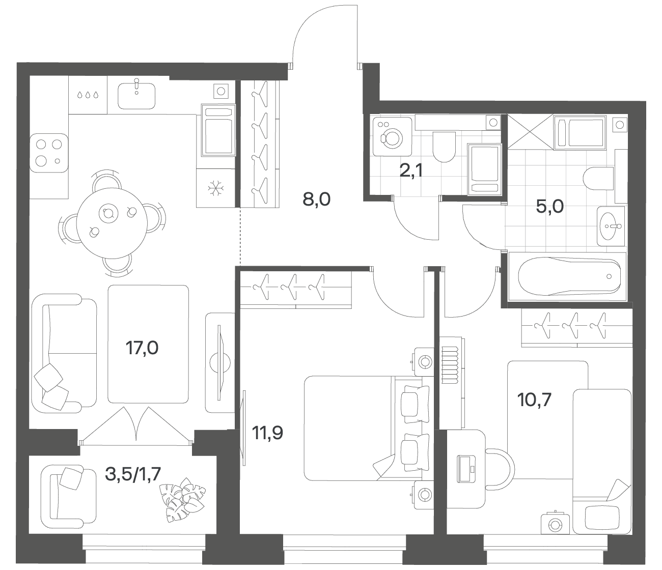 Планировка: Евротрёшка 55,8 м² в ЖК «Речной Квартал»