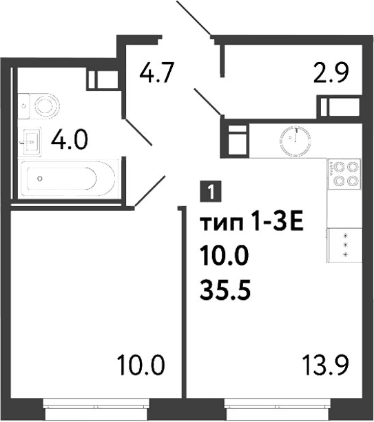 Планировка: 1-комнатная квартира 35,5 м² в ЖК «Струны»