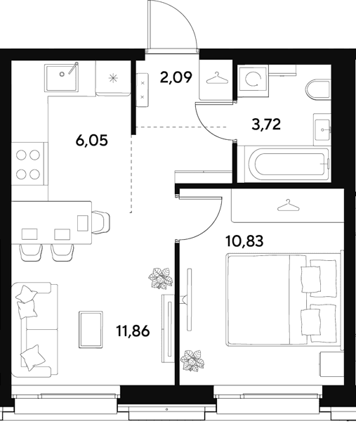 Планировка: Евродвушка 34,6 м² в ЖК «ЭВО»