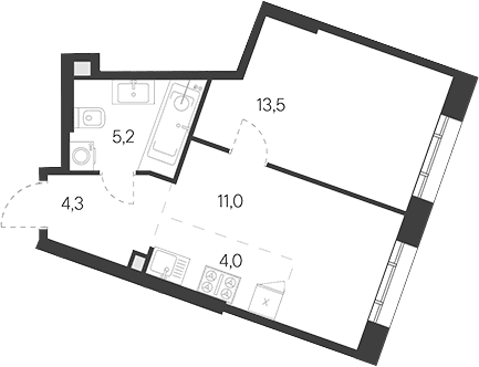 Планировка: Евродвушка 38,5 м² в ЖК «Родина Переделкино»