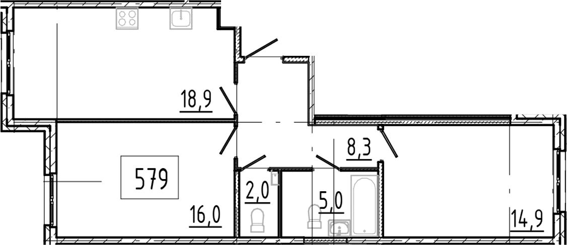 Планировка: Евротрёшка 65,1 м² в ЖК «Клюква.Парк»