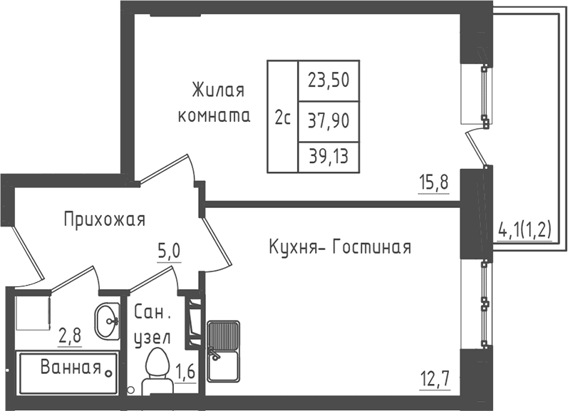 Планировка: 1-комнатная квартира 37,9 м² в ЖК «Зеленый город»