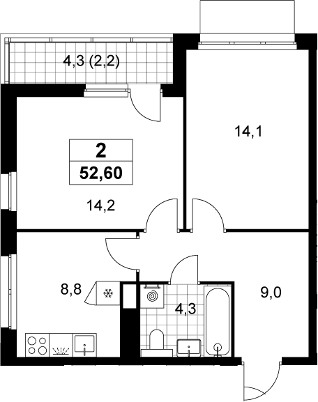Планировка: 2-комнатная квартира 50,4 м² в ЖК «Деснаречье»