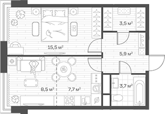 Планировка: Евродвушка 44,8 м² в ЖК «Аристов Берег»