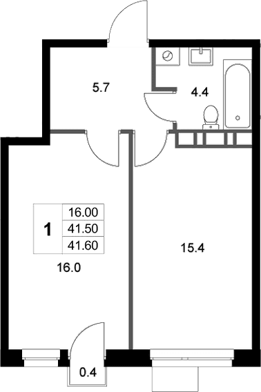 Планировка: 1-комнатная квартира 41,5 м² в ЖК «Легенда Марусино»
