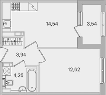 Планировка: 1-комнатная квартира 35,4 м² в ЖК «Дубровский»