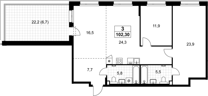 Планировка: Евротрёшка 95,6 м² в ЖК «Хольм»