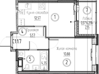 Планировка: 1-комнатная квартира 33,4 м² в ЖК «Аквилон Верба»