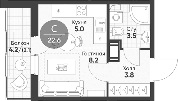 Планировка: Студия 20,5 м² в ЖК «Клюква.Парк»