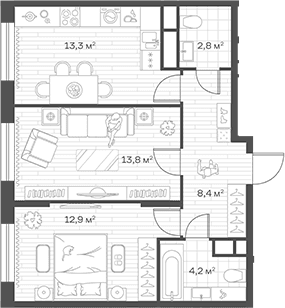 Планировка: 2-комнатная квартира 55,4 м² в ЖК «Аристов Берег»
