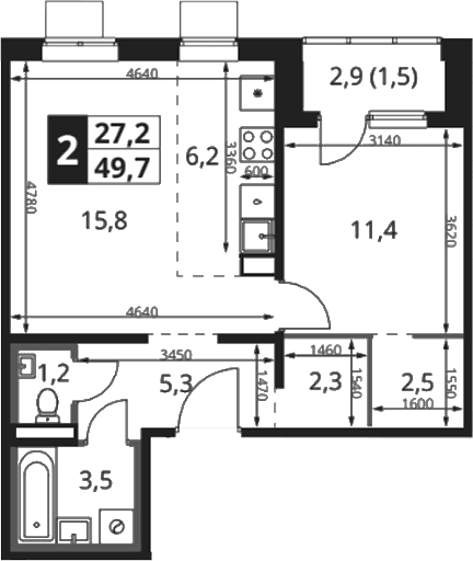 Планировка: Евродвушка 48,2 м² в ЖК «1-й Ясеневский»