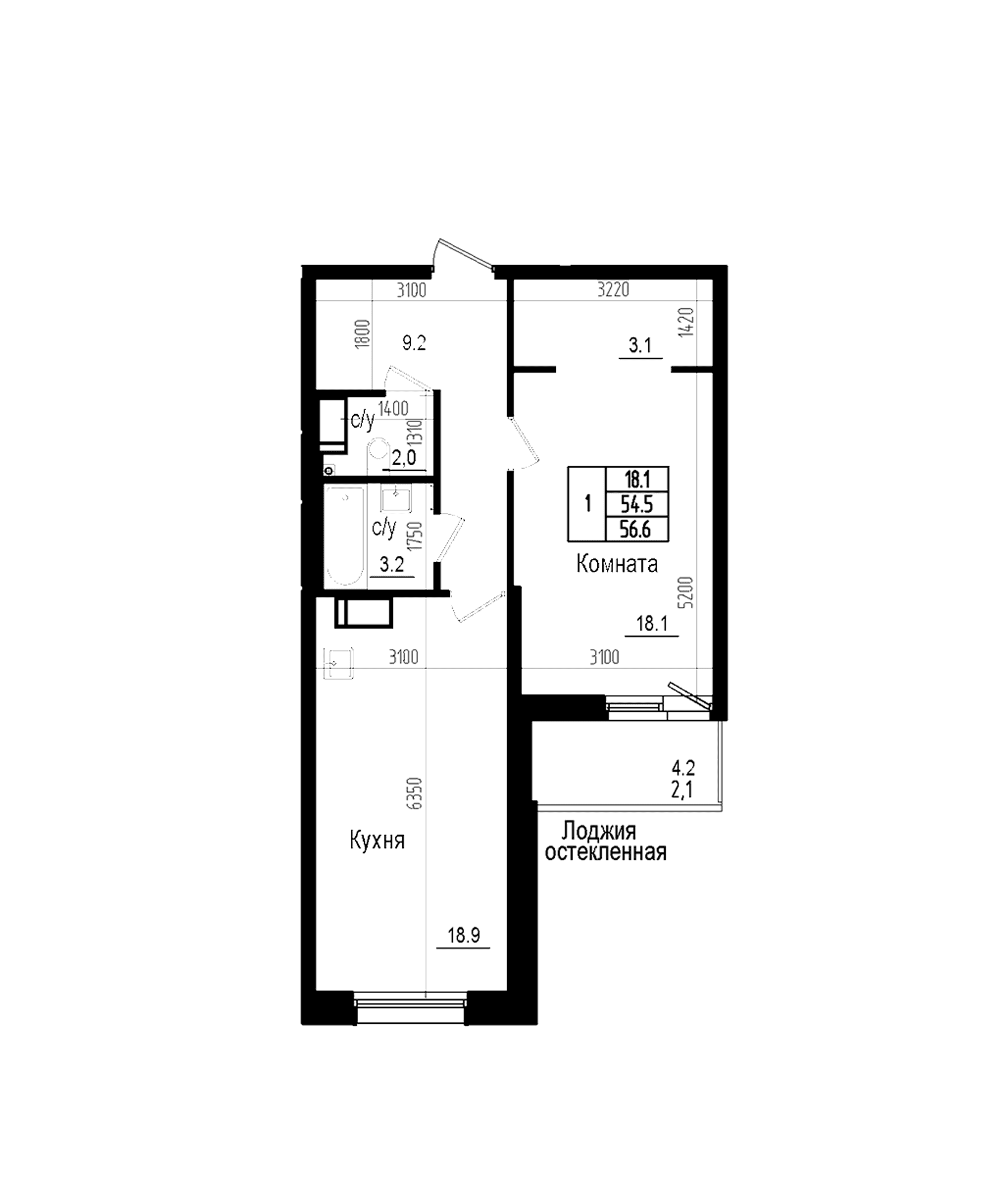 Планировка: Евродвушка 54,5 м² в ЖК «Прагма Сити»