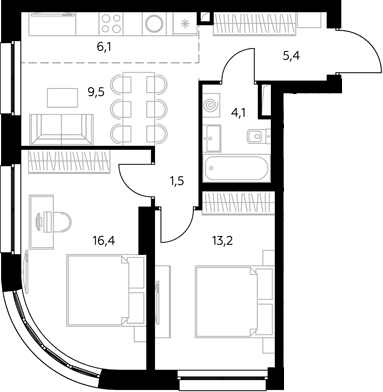 Планировка: Евротрёшка 56,4 м² в ЖК «Адмирал»