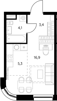 Планировка: Студия 30 м² в ЖК «Адмирал»