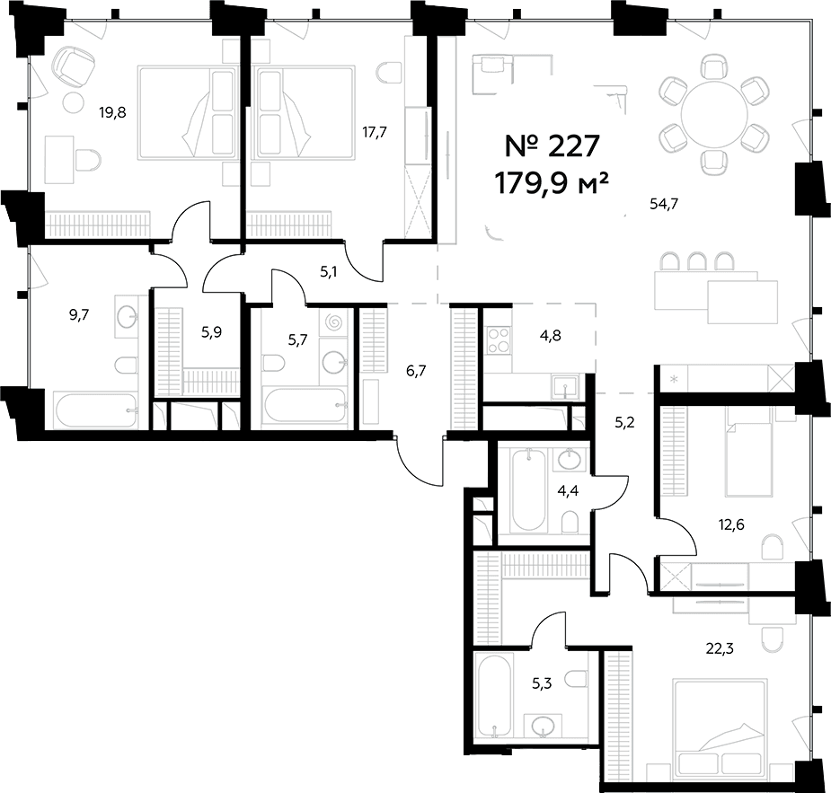 Планировка: Квартира евро-5 179,9 м² в ЖК «Монблан»