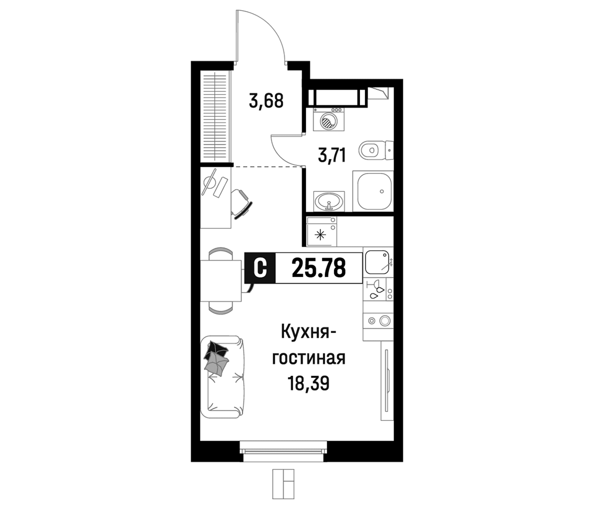Планировка: Студия 25,8 м² в ЖК «Максималист»