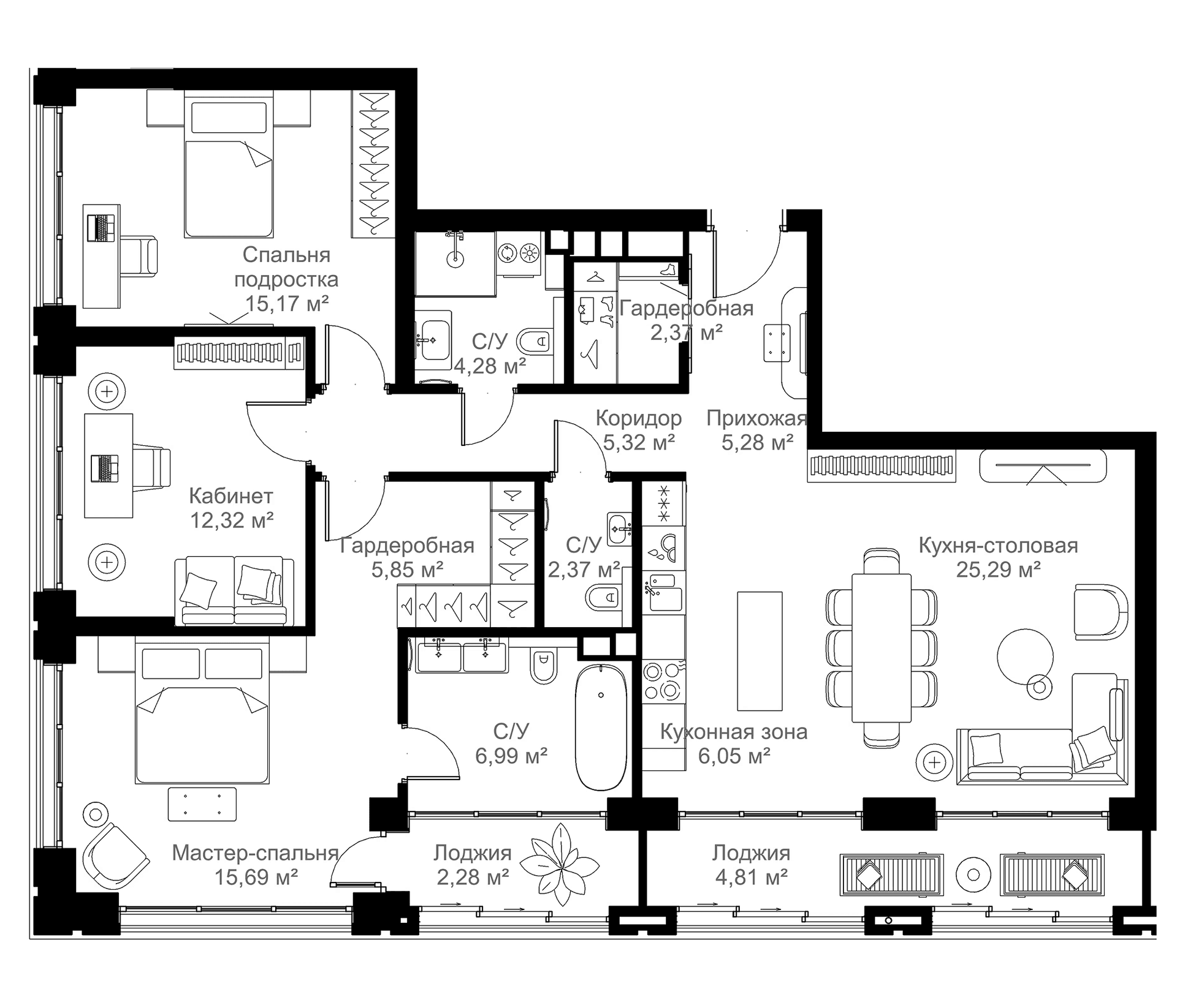 Планировка: 3-комнатная квартира 107 м² в ЖК «МЫС»