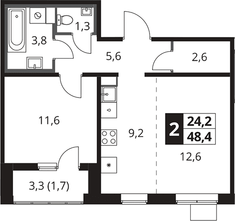 Планировка: Евродвушка 48,1 м² в ЖК «1-й Южный»