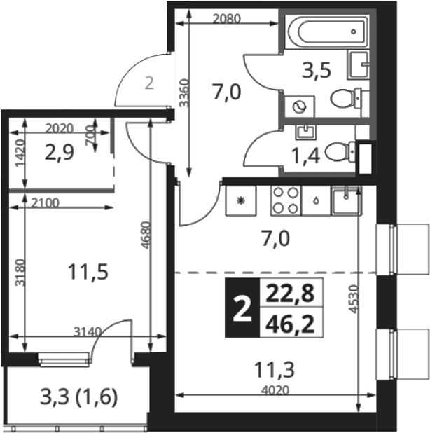 Планировка: Евродвушка 44,6 м² в ЖК «1-й Ясеневский»