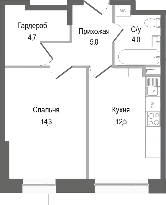 Планировка: 1-комнатная квартира 40,5 м² в ЖК «Киноквартал»