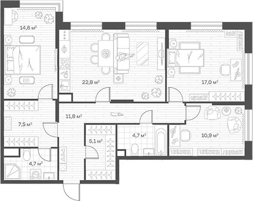 Планировка: 3-комнатная квартира 99,1 м² в ЖК «Аристов Берег»