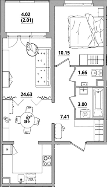 Планировка: Евродвушка 46,9 м² в ЖК «Тишин»