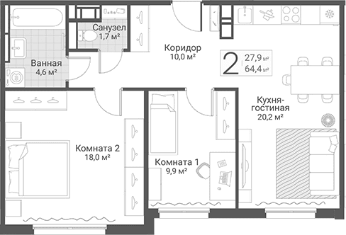 Планировка: Евротрёшка 64,4 м² в ЖК «Руднева, 15»