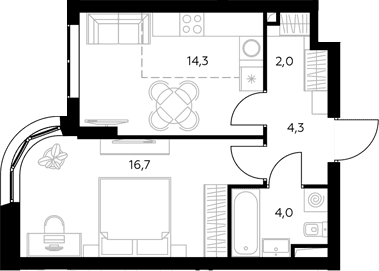 Планировка: 1-комнатная квартира 41,2 м² в ЖК «Адмирал»