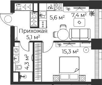 Планировка: Евродвушка 37,7 м² в ЖК «Веер»