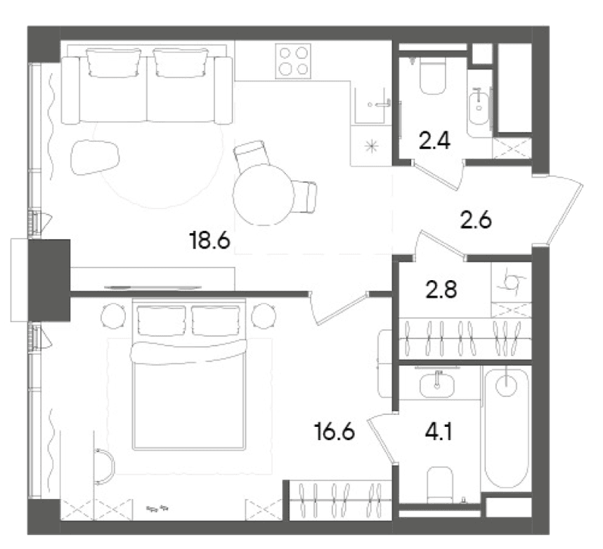 Планировка: Евродвушка 47,1 м² в ЖК «СТОУН Грэйн»