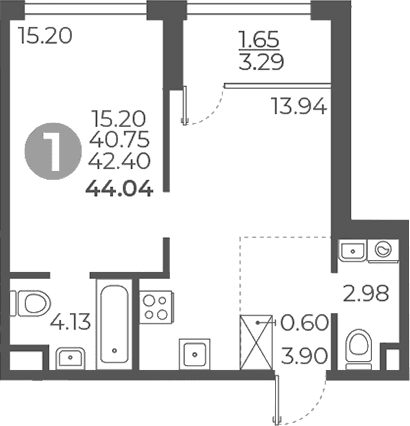 Планировка: 1-комнатная квартира 40,8 м² в ЖК «Мневники от Гранель»
