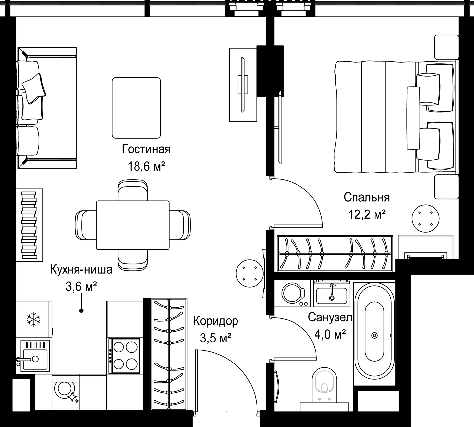 Планировка: Евродвушка 41,9 м² в ЖК «Слава»